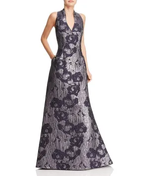 Aidan Mattox - Metallic Floral Print V-Neck Gown MD1E200784 - 1 pc Twilight In Size 4 Available