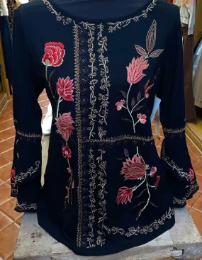 Black Knit Embroidered Blouse by Vintage Collection