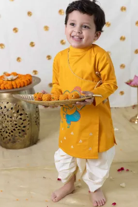 Boy Ganesha Embroidered Cotton Dhoti Kurta Set - Yellow