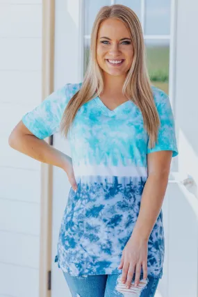 Cloud Nine Tie Dye V Neck Top in Aqua/Navy