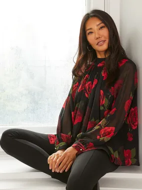 Floral Print Chiffon High Neck Blouse With Voluminous Sleeves