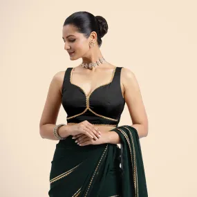 Ishika x Tyohaar | Charcoal Black Sleeveless FlexiFit™ Saree Blouse with Beetle Leaf Neckline with Golden Gota Lace and Back Cut-out with Tie-Up